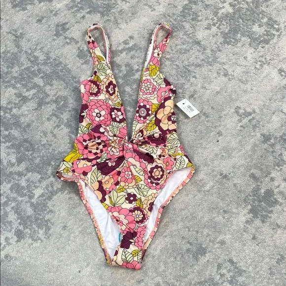 NWT Dodo Bar Or A Sunday Drive Swimsuit One Piece Retro Floral Plunge Twist Sz S - Picture 4 of 11